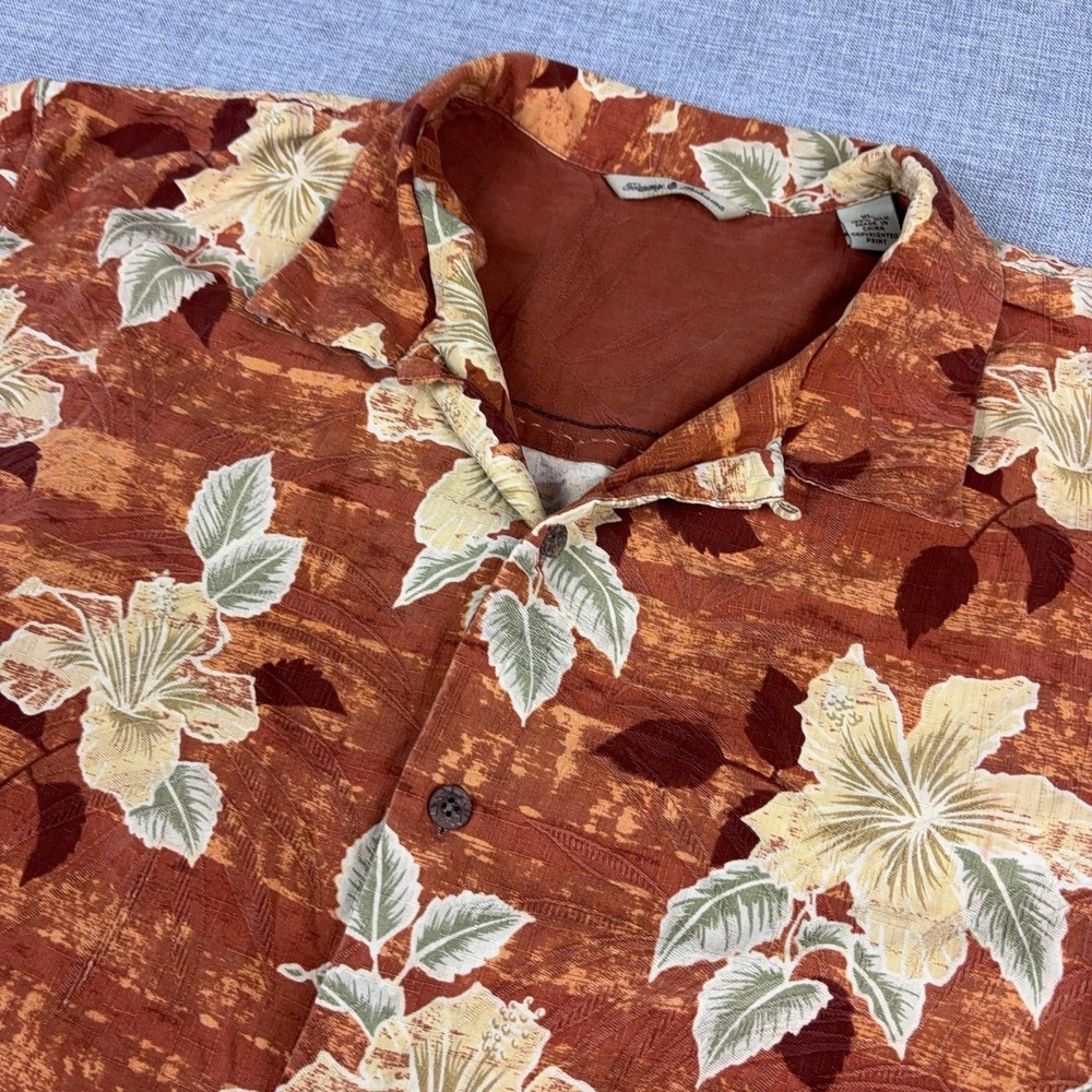 Tommy Bahama Shirt Mens XL Brown Silk Floral Hawaiian Short Sleeve Button Up